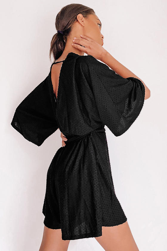 Black Romper Swiss Dot Romper ThreeQuarter Sleeve Romper Lulus