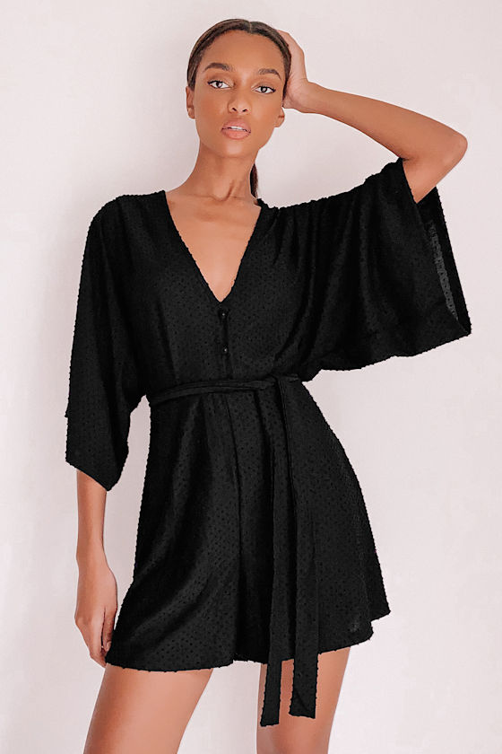 Black Romper Swiss Dot Romper ThreeQuarter Sleeve Romper Lulus