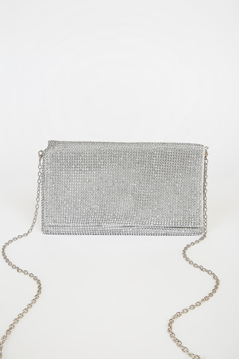 Clutch with chain - Metallic mesh, strass & silver-tone metal, silver —  Fashion