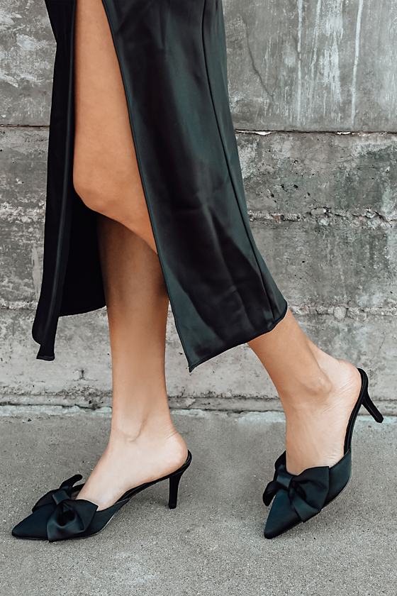 Black Satin Mules PointedToe Heeled Mules Bow Mule Pumps Lulus