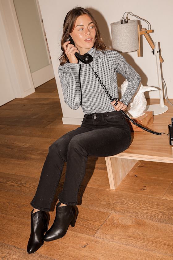 It Just Clicks Striped Mock Neck Bodysuit (H.Grey/White)