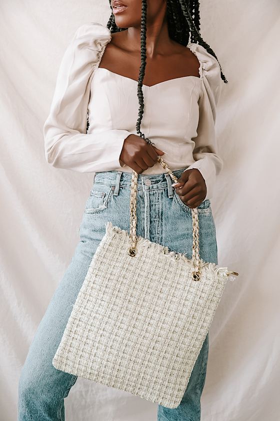 Glam Moment Ivory Multi Tweed Tote Bag 1