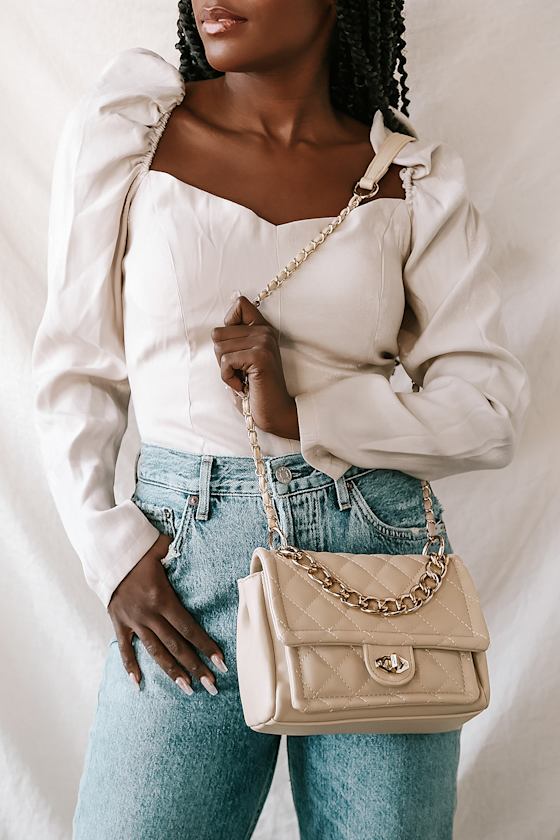 Queen of Glam Beige Quilted Crossbody Bag 1
