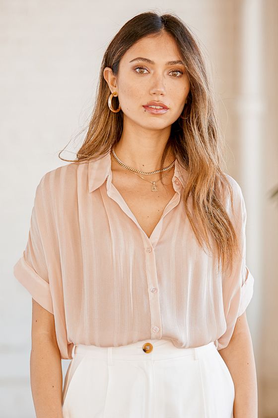 Lulus Everlee Light Pink Striped Button-up Top In Light Pink