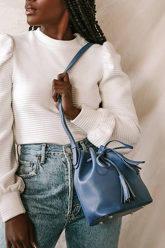 You Go Girl Slate Blue Drawstring Crossbody Bucket Bag 1