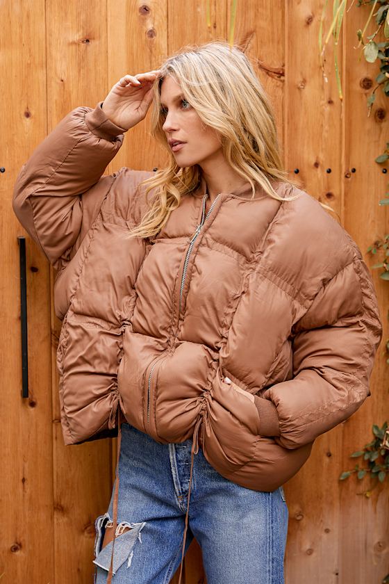 Brown Puffer Jacket Oversized Bomber Jacket Quilted Jacket Lulus