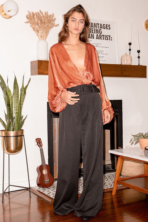Chic Possibilities Rust Orange Satin Balloon Sleeve Bodysuit 5