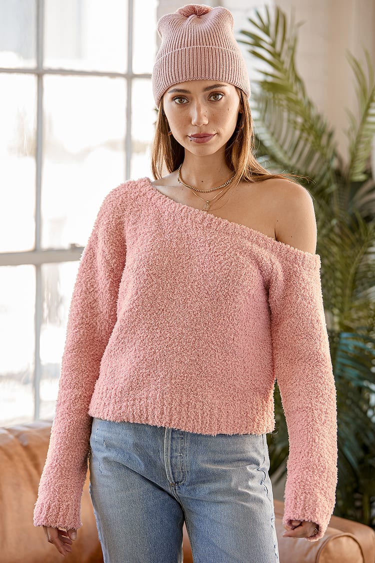 Sweet Smiles Mauve Pink Asymmetrical Off-the-Shoulder Sweater