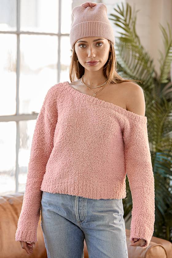 Sweet Smiles Mauve Pink Asymmetrical Off-the-Shoulder Sweater 1