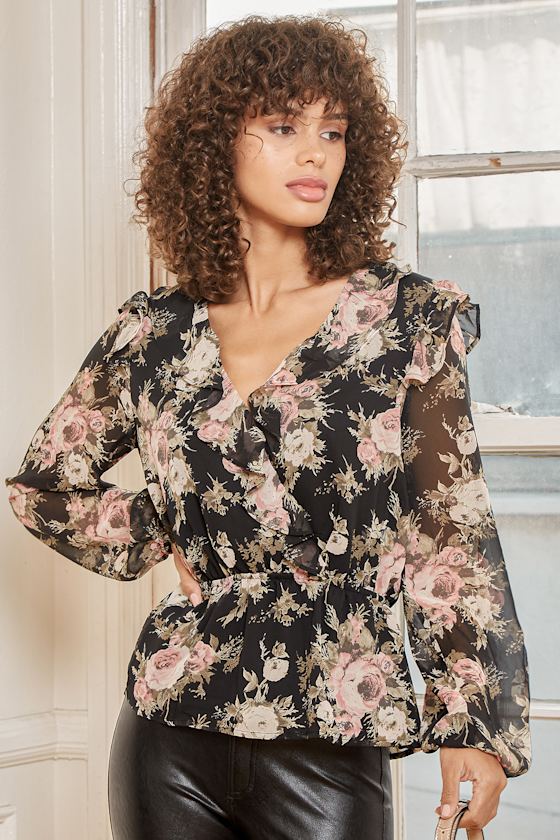 Black Top - Floral Print Top - Ruffled Top - Long Sleeve Blouse - Lulus