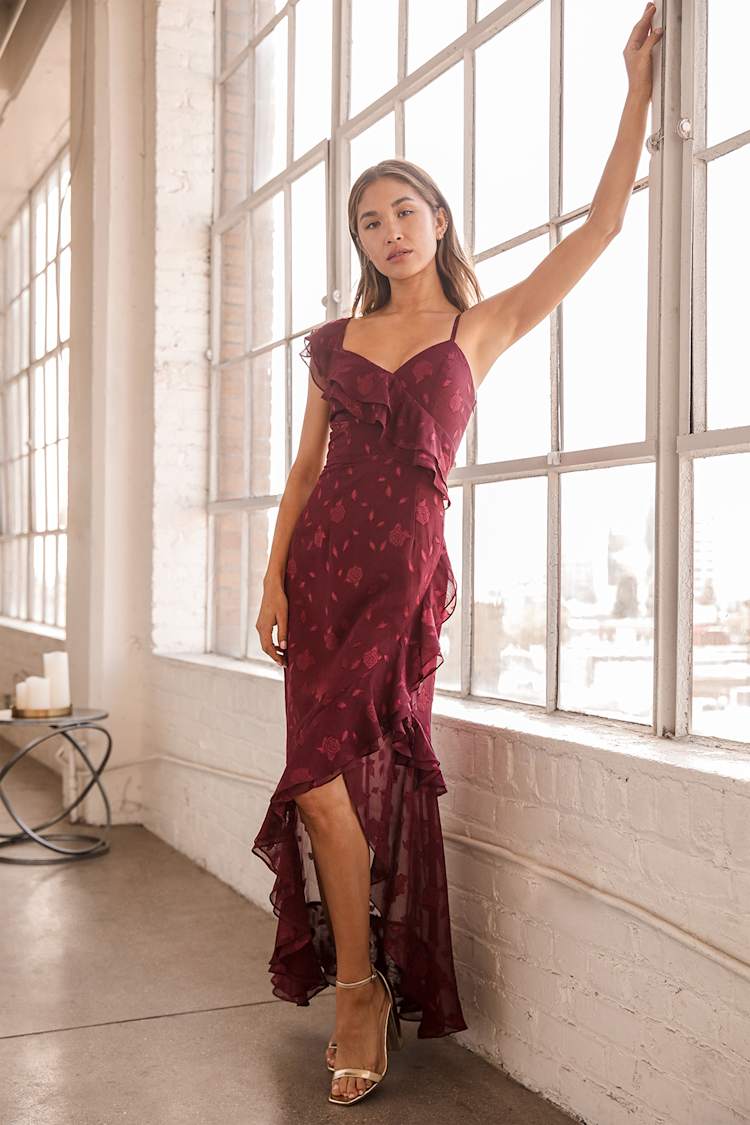 Burgundy Maxi Dress - Floral Jacquard Dress - Ruffled Maxi Dress - Lulus