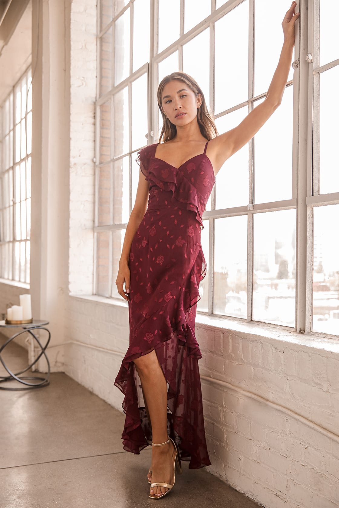 Forever Be Burgundy Floral Jacquard Ruffled Maxi Dress