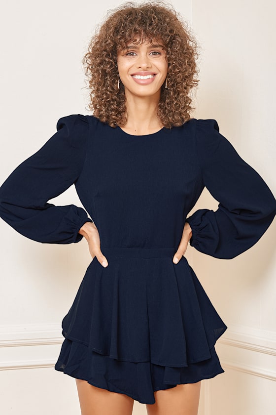 RSVP Yes Navy Blue Long Sleeve Tiered Romper 5