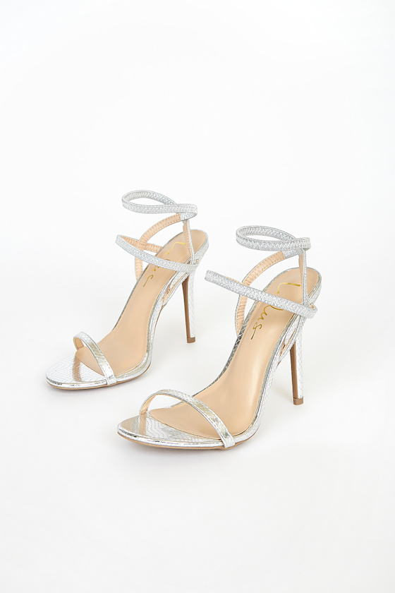 Adelle Silver Snake Embossed Ankle Strap Heels 1