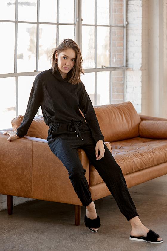 Spend the Day Black Ribbed Drawstring Sweater Top 1