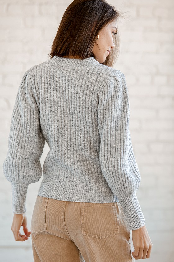 Crisp and Cool Heather Grey Knit Balloon Sleeve Sweater