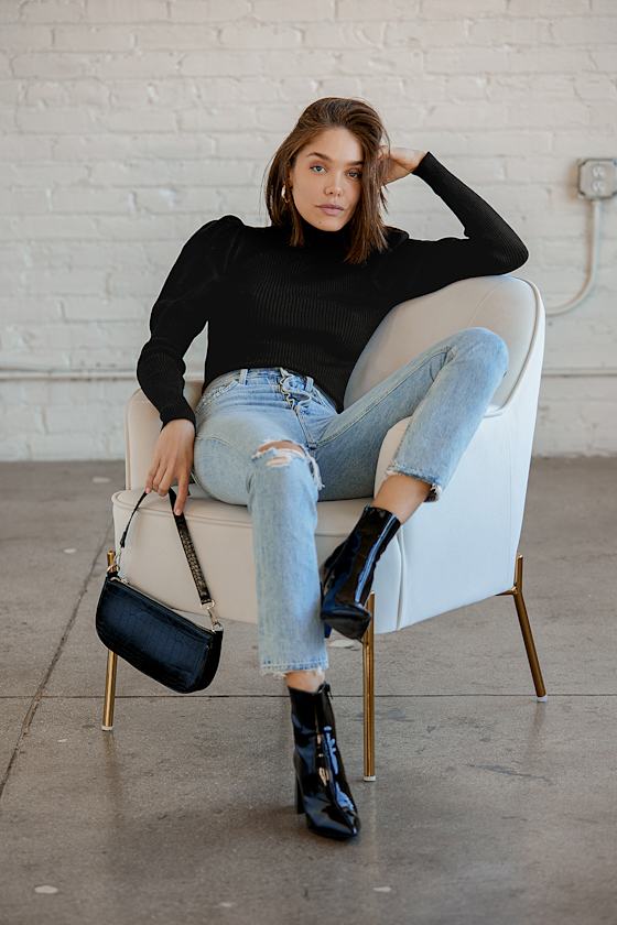 Forever Festive Black Puff Sleeve Turtleneck Sweater Top 4