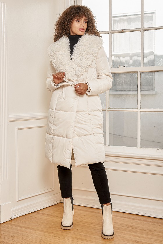 Cozy Beige Faux Fur Quilted Long Puffer Jacket