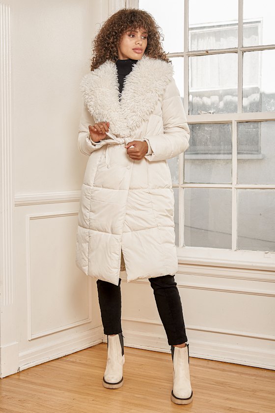 Cozy Beige Faux Fur Quilted Long Puffer Jacket 7