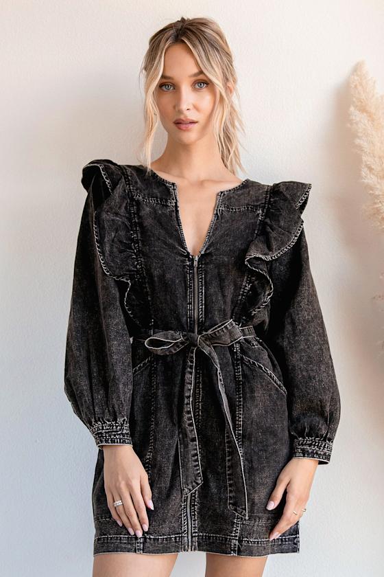 Imogene Washed Black Denim Ruffled Mini Dress 1