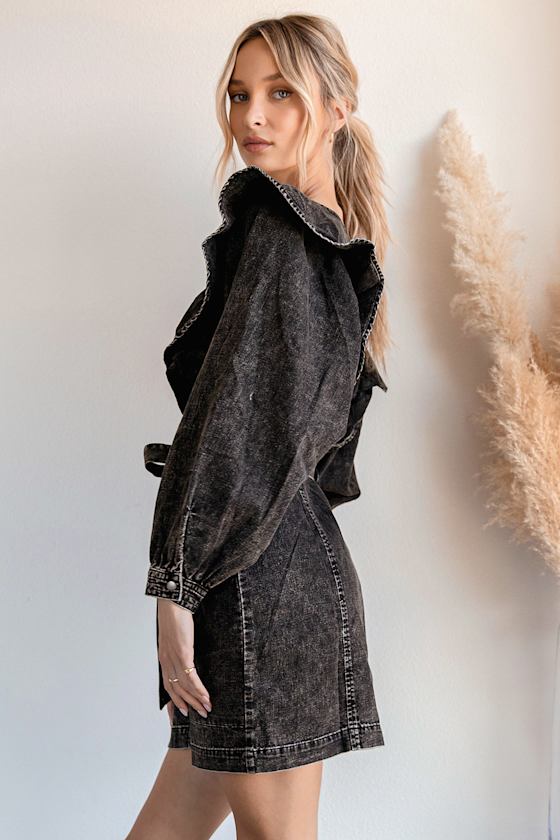 Imogene Washed Black Denim Ruffled Mini 