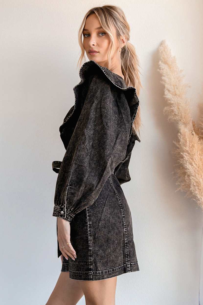 Free People Imogene Black - Denim Mini Dress - Ruffled Mini Dress - Lulus