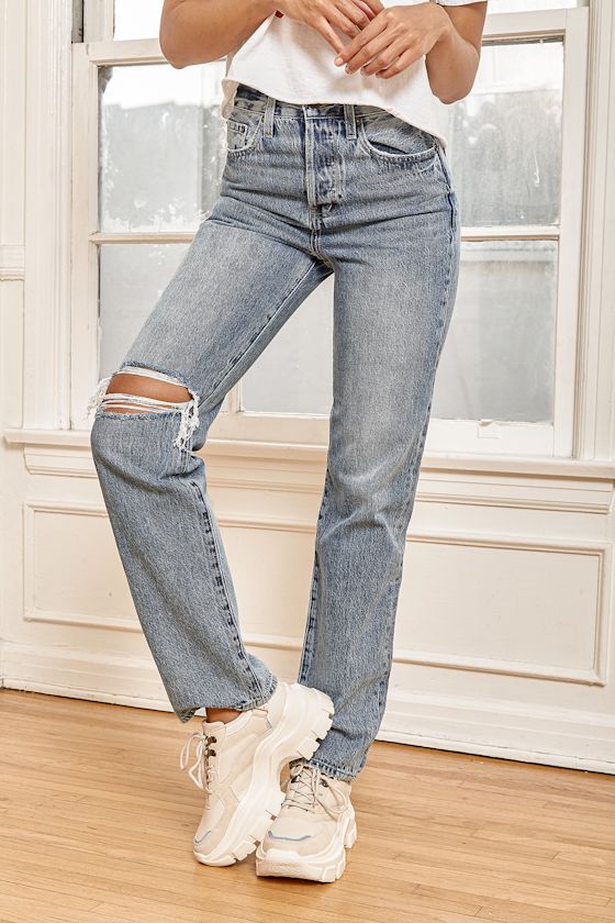 Cassie Light Wash Distressed Super High Rise Straight Jeans 4