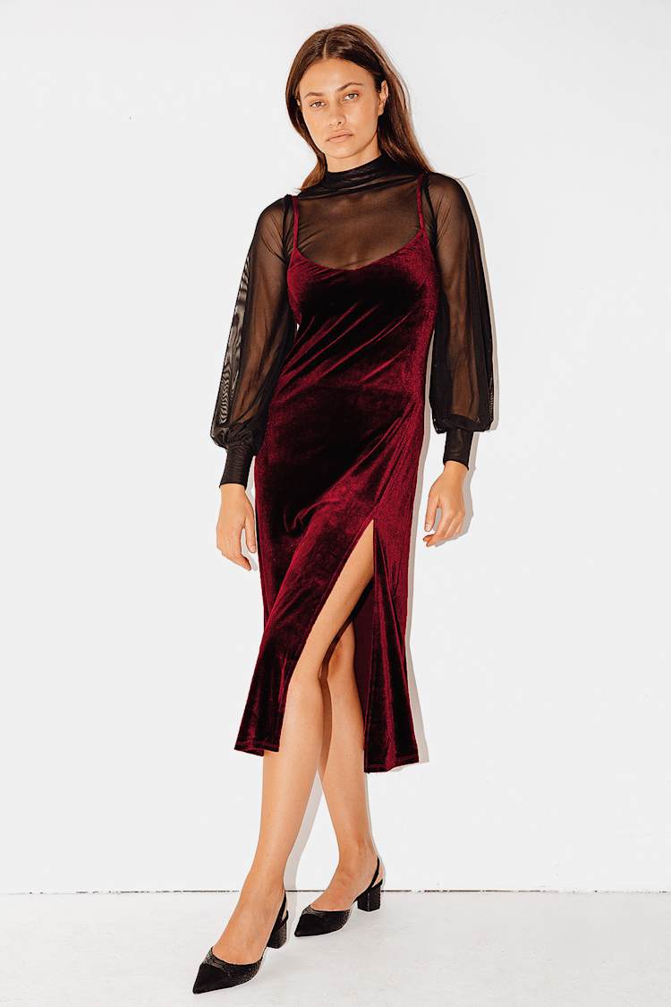 knee length dresses for ladies Theia V-Neck Velvet Midi Dress – SMAIBULUN main image 0