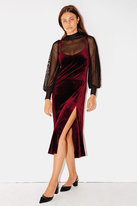 Regal Occasion Wine Red Velvet Midi Dress 6