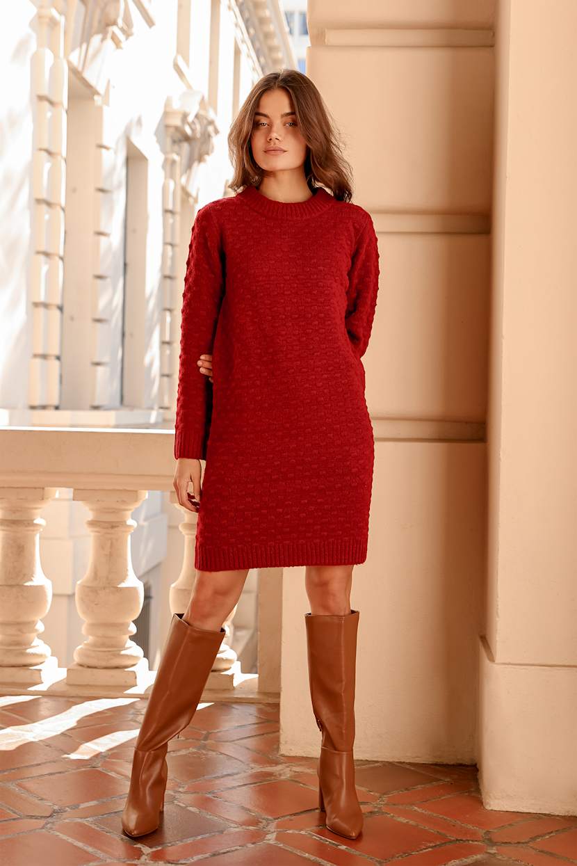red mini sweater dress Holiday Muse Cable Knit Sweater Mini Dress in Red L / Red