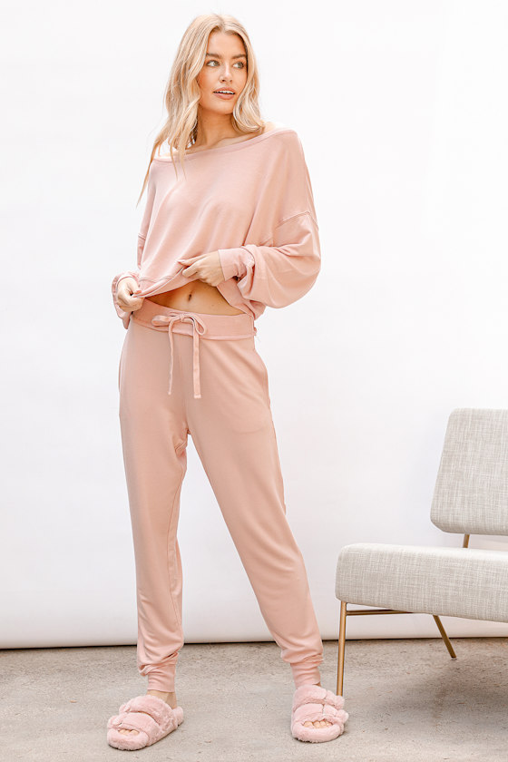 Hit the Snooze Blush Pink Raw Edge Drawstring Joggers 6