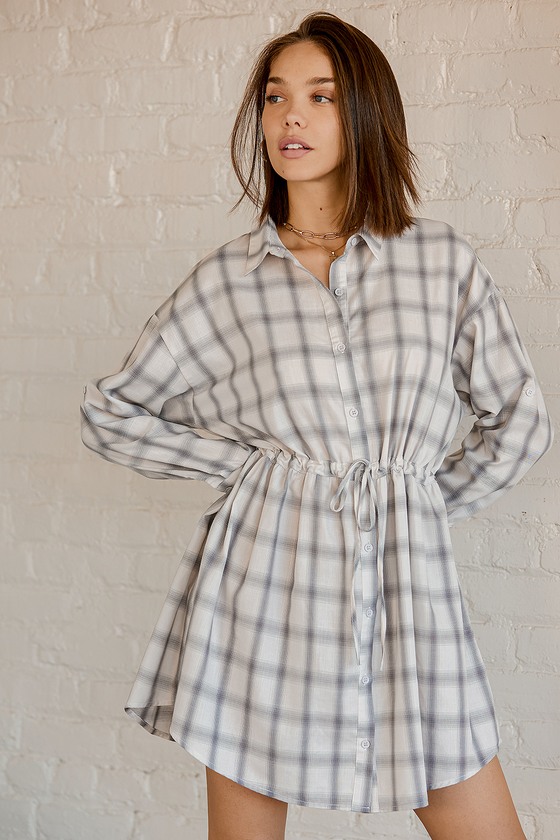 Get Along White Plaid Drawstring Button-Up Shirt Dress