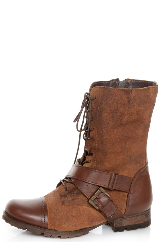 Naughty Monkey Stomper Tan Lace-Up Cap-Toe Combat Boots