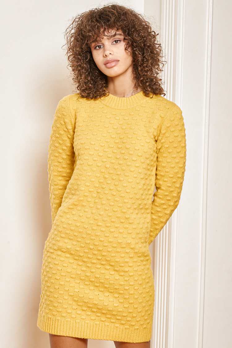 Always With Me Mustard Yellow Bubble Knit Mini Sweater Dress