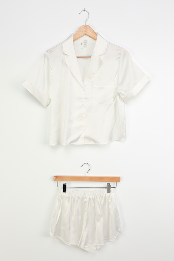 Pleasant Dreams White Satin Two-Piece Pajama Set