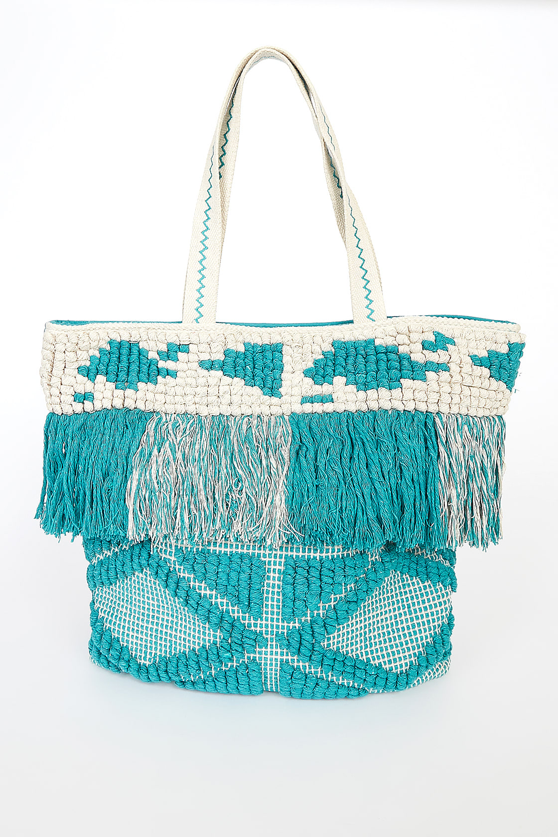 This roomy, flat-bottom tote is shaped by turquoise and beige woven fabric. It makes a great gift for your lady who's really into the beach.