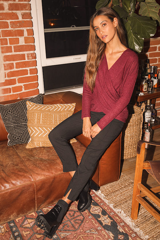 LUSH Sweater Top - Wine Red Sweater Top - Surplice Sweater Top - Lulus