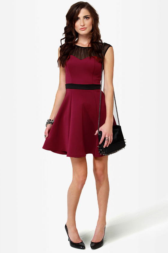 fit and flare dress burgundy Noelle Long Sleeve Fit and Flare Mini Dress - Burgundy main image 0