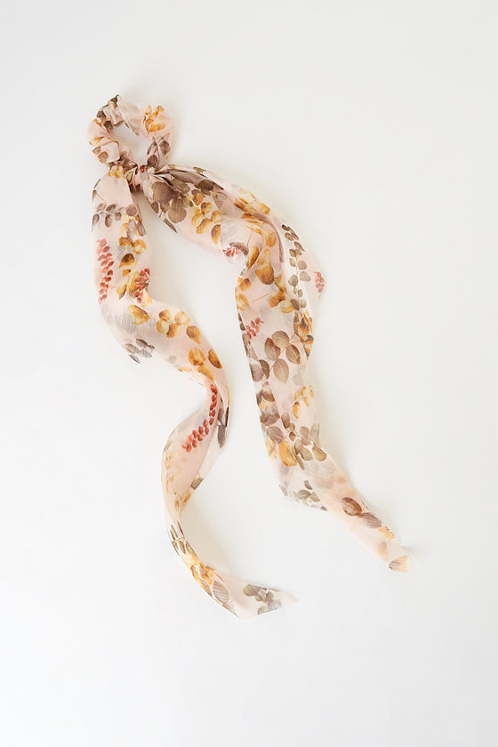 Growing Fond Dusty Pink Floral Print Scarf Ponytail Holder 1