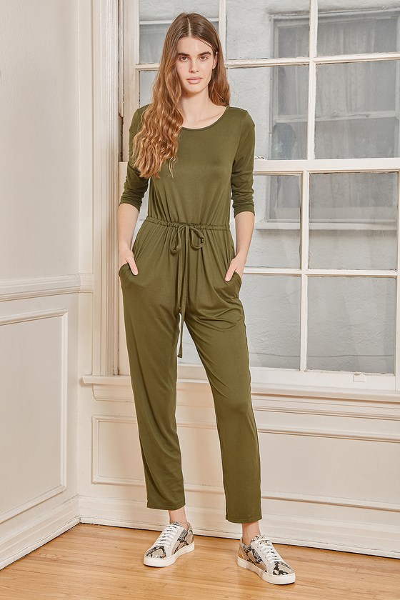 Olive Green Jumpsuit - Jersey Jumpsuit - Drawstring Jumpsuit - Lulus