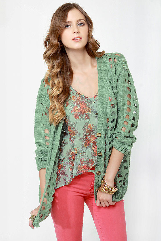 Waffle Stack Sage Green Cardigan Sweater
