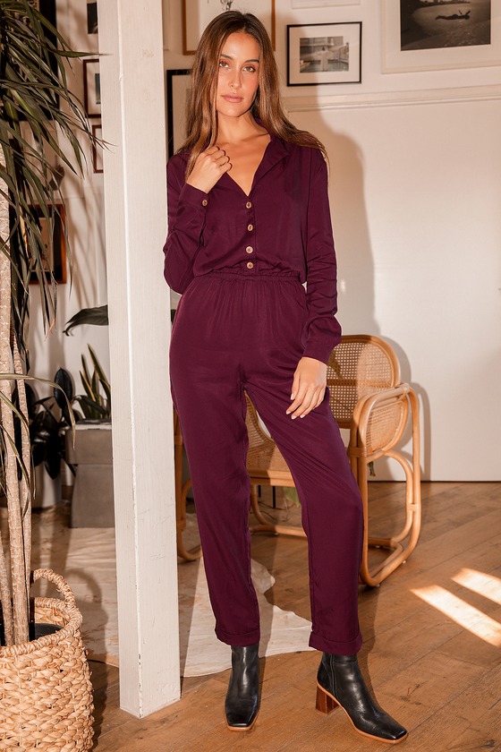 Plum Purple Jumpsuit Button Up Jumpsuit Long Sleeve Jumpsuit Lulus