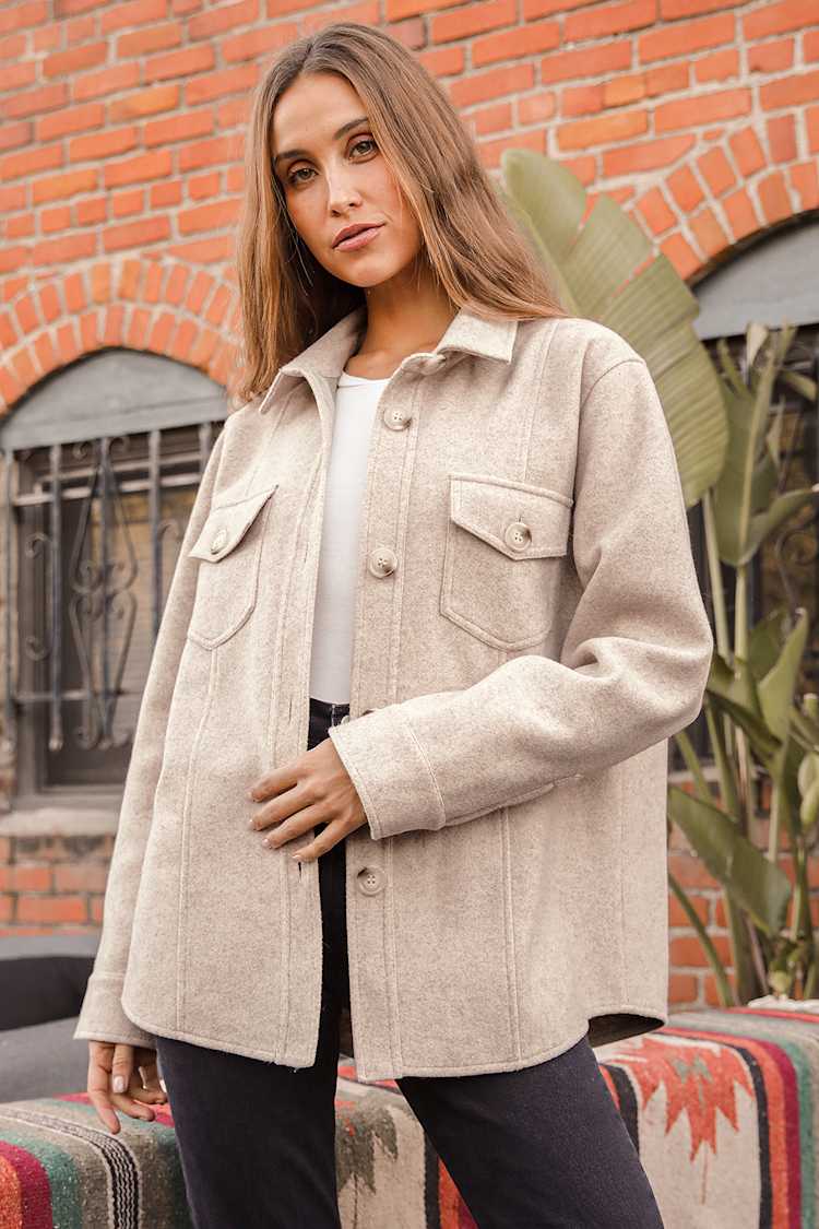 Beige Shacket - Button-Up Shirt Jacket - Wool Shirt Jacket - Lulus