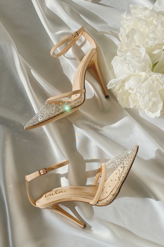 Light Nude Heels - Rhinestone High Heels - Pointed-Toe Pumps - Lulus