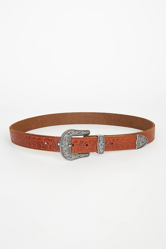 Tan and Silver Belt - Genuine Leather Belt - Western Belt - Lulus