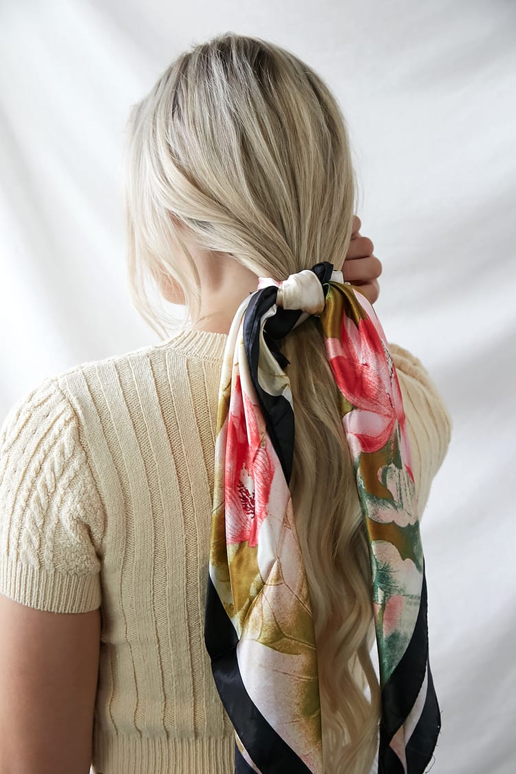 Cream Satin Scarf - Floral Print Scarf - Oversized Satin Scarf - Lulus