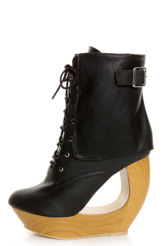 Fahrenheit Lolita 03 Black Lace-Up Cutout Wedge Booties