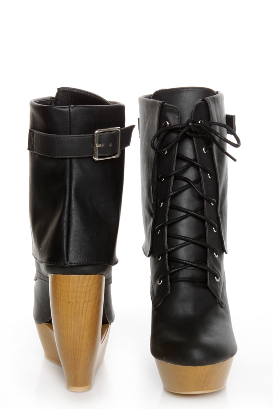 Fahrenheit Lolita 03 Black Lace-Up Cutout Wedge Booties
