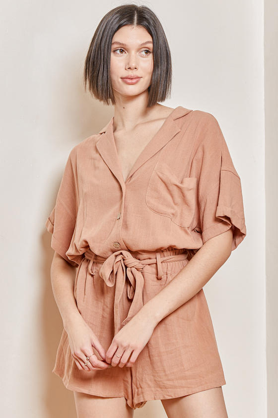 Light Brown Romper Short Sleeve Romper ButtonUp Romper Lulus