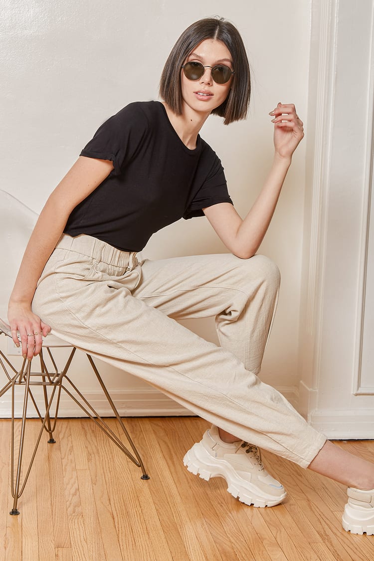 All About It Beige High Waisted Linen Trouser Pants
